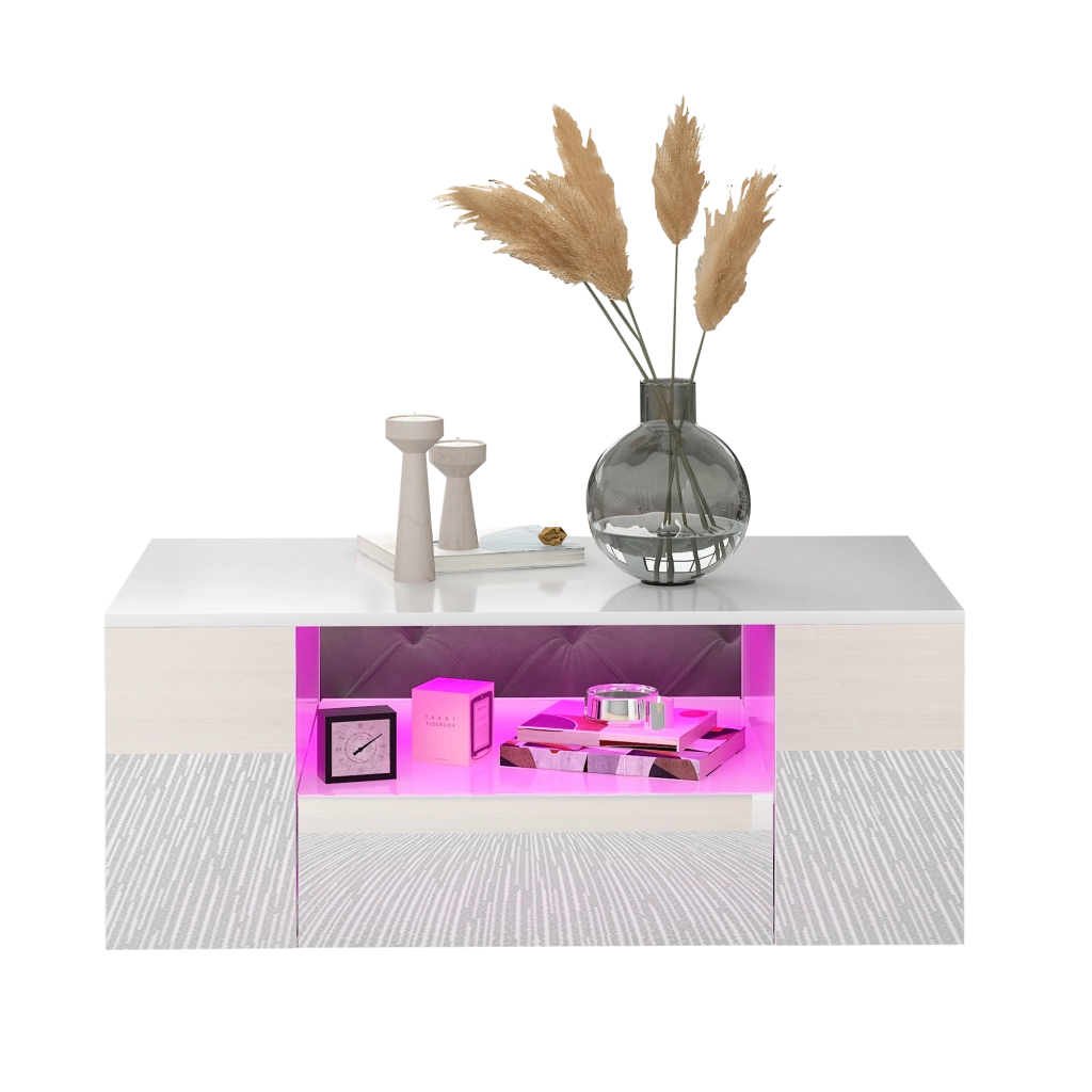 Tavolino da salotto LED con 2 cassetti e 2 ripiani; bianco; 95x53x37 cm