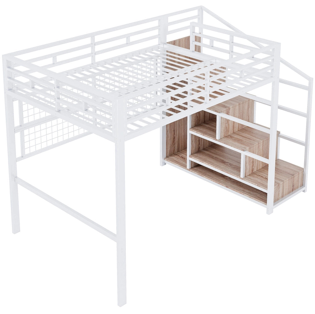 Letto a soppalco 140x200 cm con scala armadio e griglia; metallo; bianco; (Senza materasso)