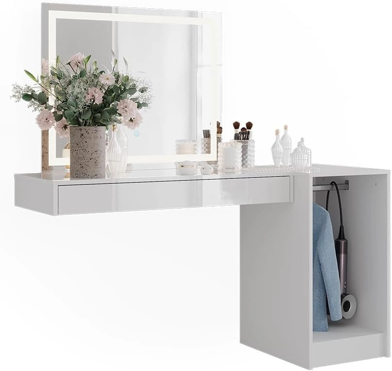 Tavolo da toeletta Sherry, Bianco, 100 cm 3 parti, con illuminazione LED e grande specchio per montaggio a parete
