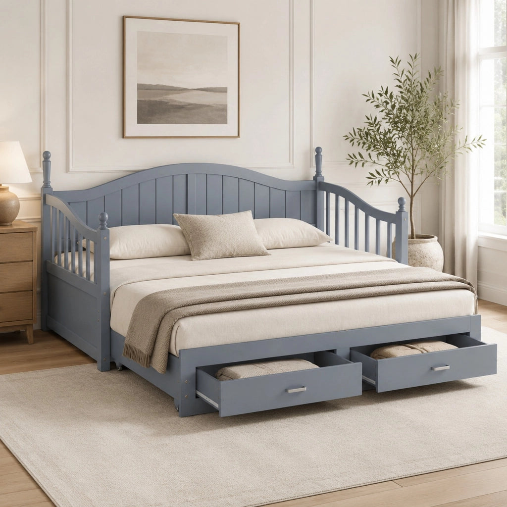 Divano letto estraibile 90/180 x 190 cm con cassetti e rete a doghe; grigio