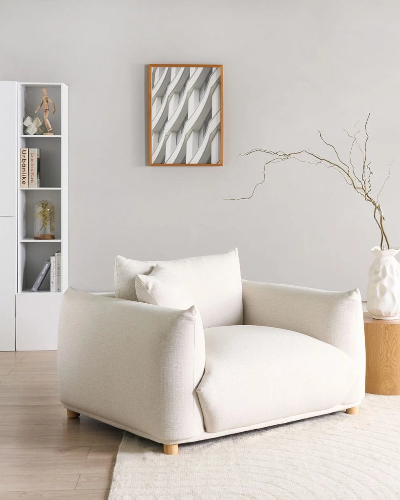 Poltrona Tessuto bianco sporco Gambe di legno morbide Stile moderno arredamento scandinavo