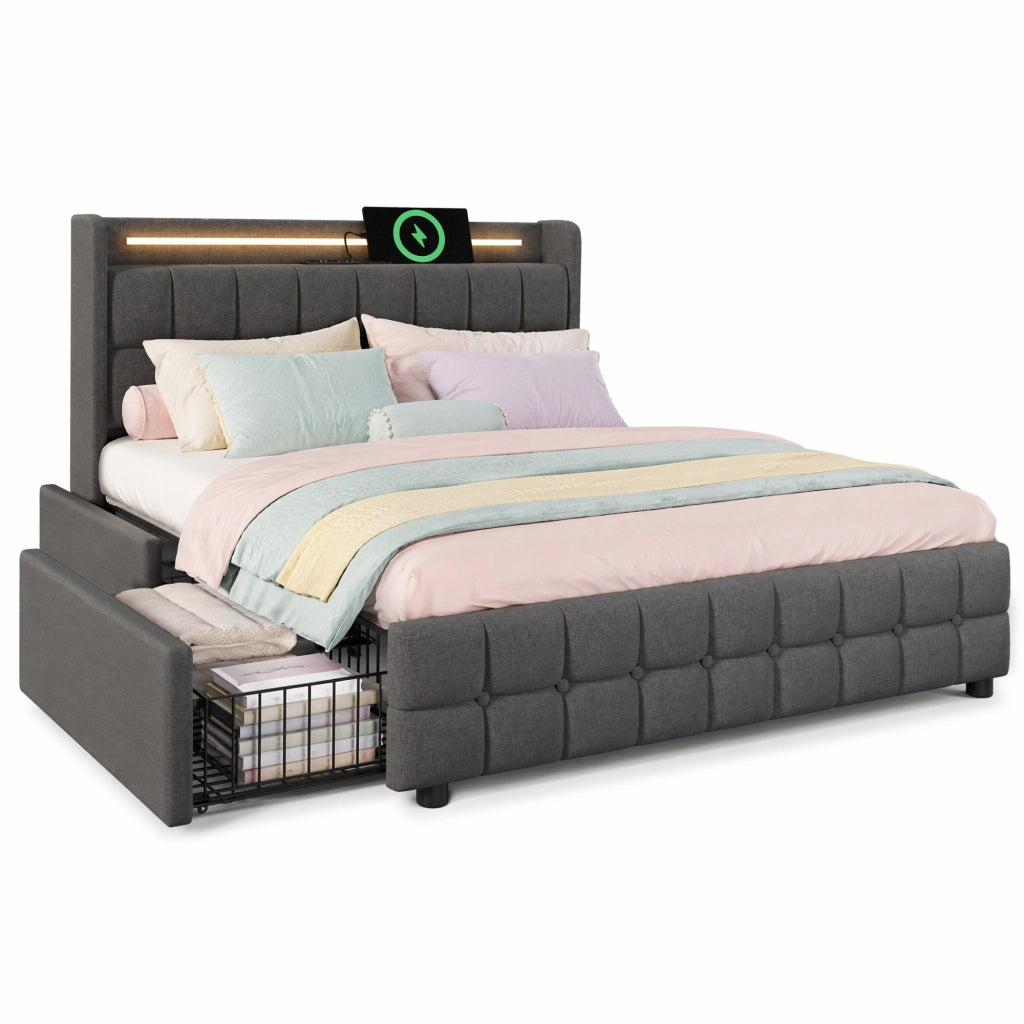 Letto matrimoniale imbottito 160x200 cm con LED; prese USB e 4 cassetti; grigio