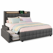 Letto matrimoniale imbottito 160x200 cm con LED; prese USB e 4 cassetti; grigio