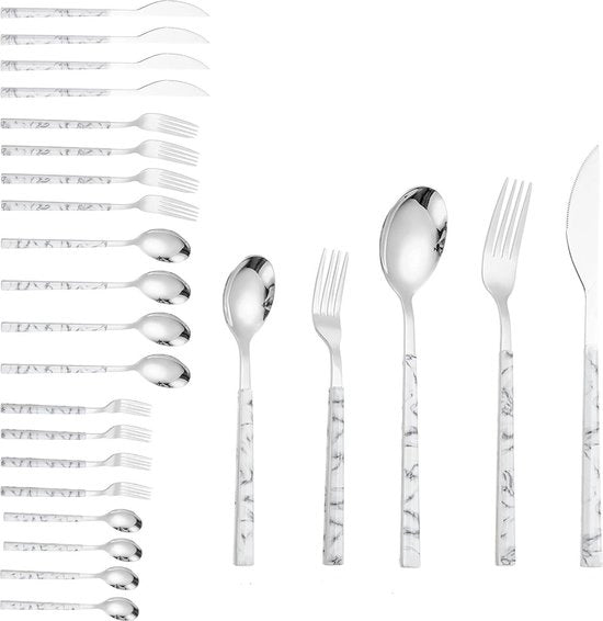 Set da tavola da 20 pezzi in acciaio inossidabile con design marmo bianco - insieme di posate con cucchiai, coltelli e forchette per 4 persone