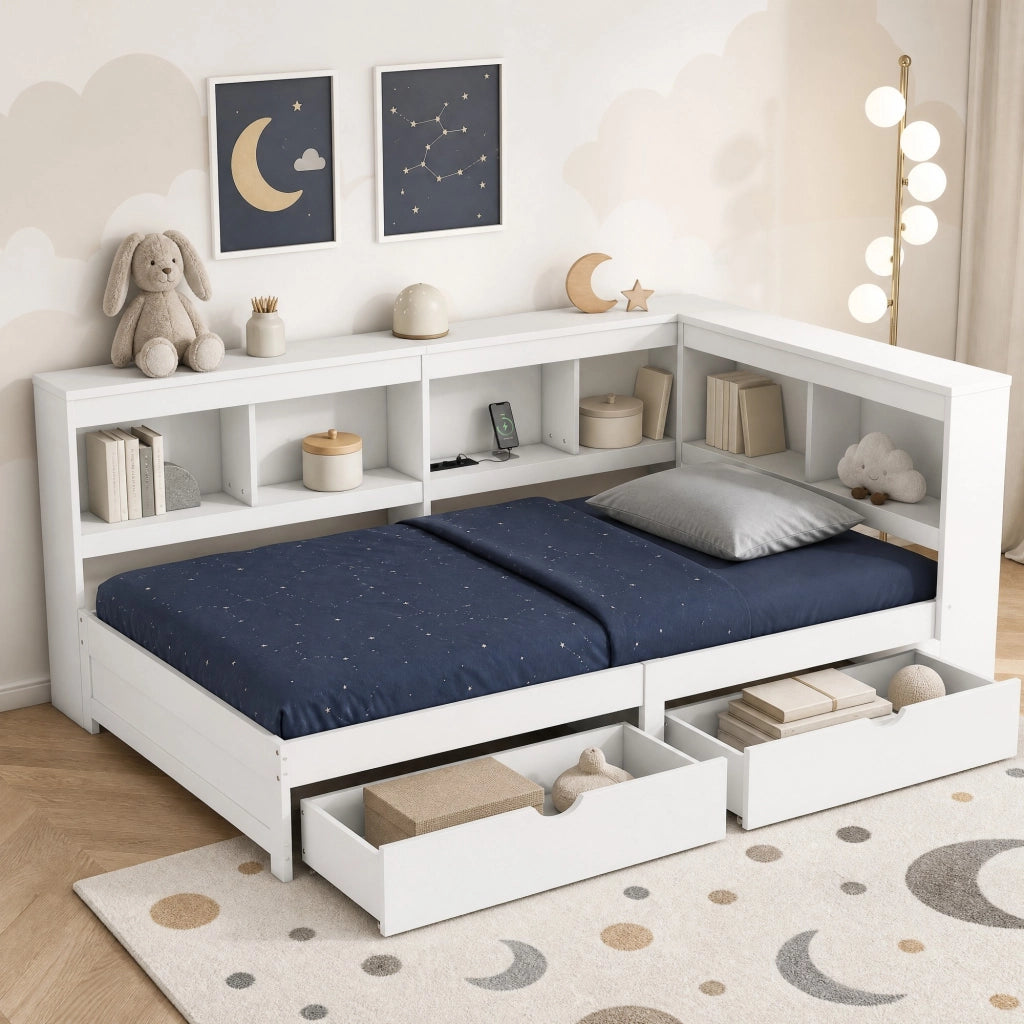 Divano letto 90x200 cm con 2 cassetti; presa e 2 porte USB; bianco