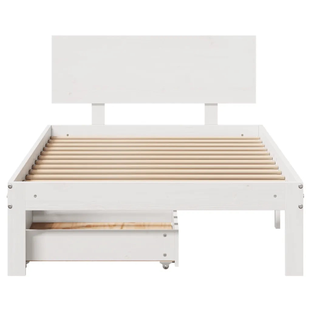 Letto singolo | Letto per adulti | Giroletto con Cassetti Bianco 100x200 cm Legno Massello di Pino
