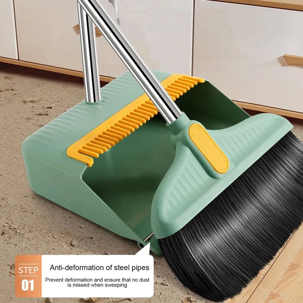 Trade Shop - Set Combinato Di Scopa + Paletta Con Denti 2 In 1 Con Manici In Acciaio Per Pulizia Casa -
