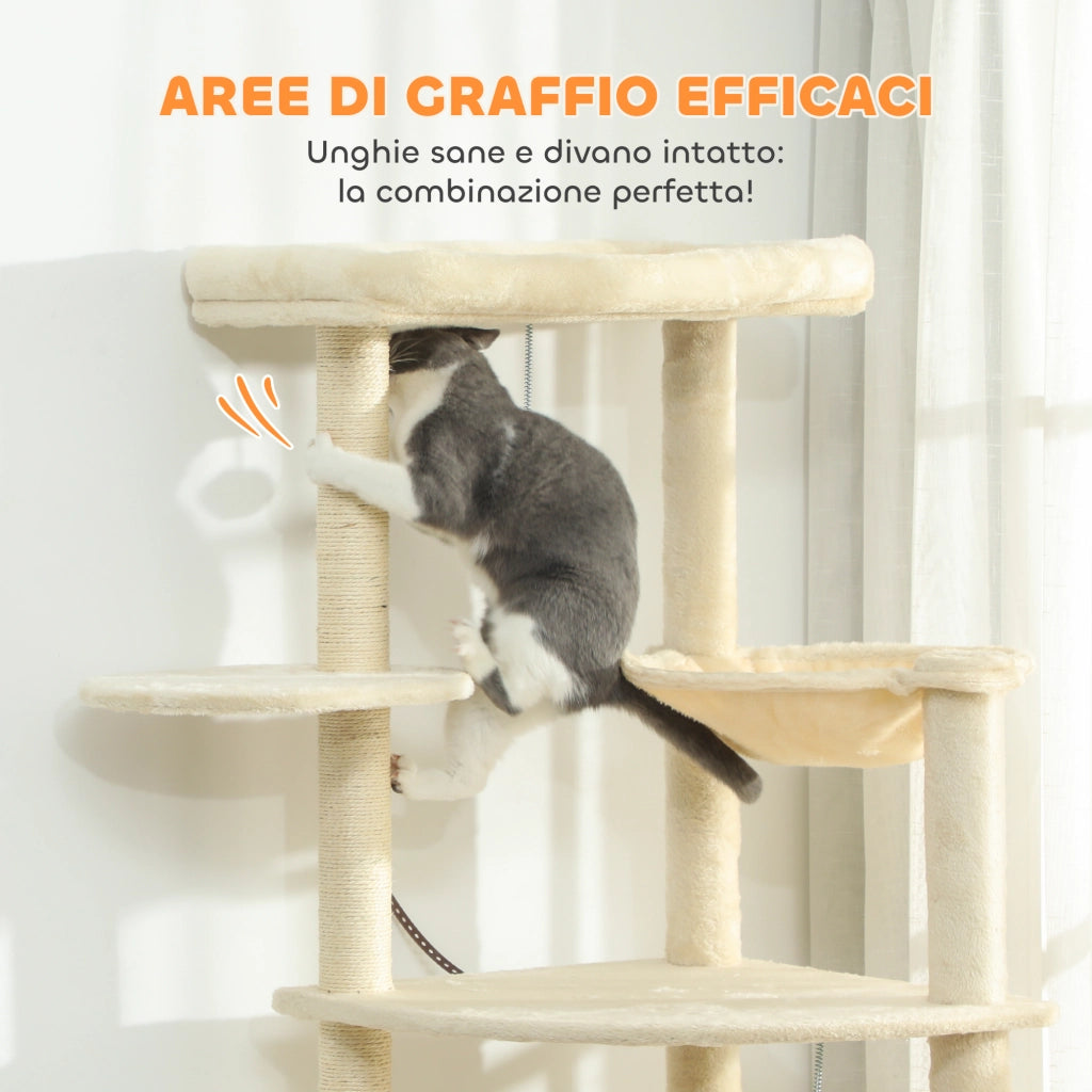 Albero per Gatti Alto 200 cm Multilivello con 2 Casette, 2 Lettini e Amaca, Struttura per 2-3 Gatti, Beige
