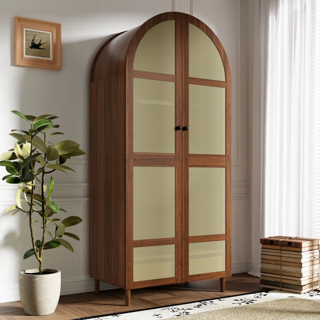 Armadio con ante curve e inserto in rattan, 1 asta appendiabiti, cassetti, per ingresso e camera, 80 × 50 × 179 cm