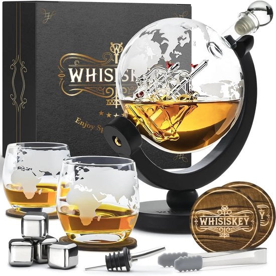 Set di Karaf Whisky - Karaf Globale di Lusso 900ml con 4 Pietre per Whisky e 2 Calici - Ideale Regalo per Uomini