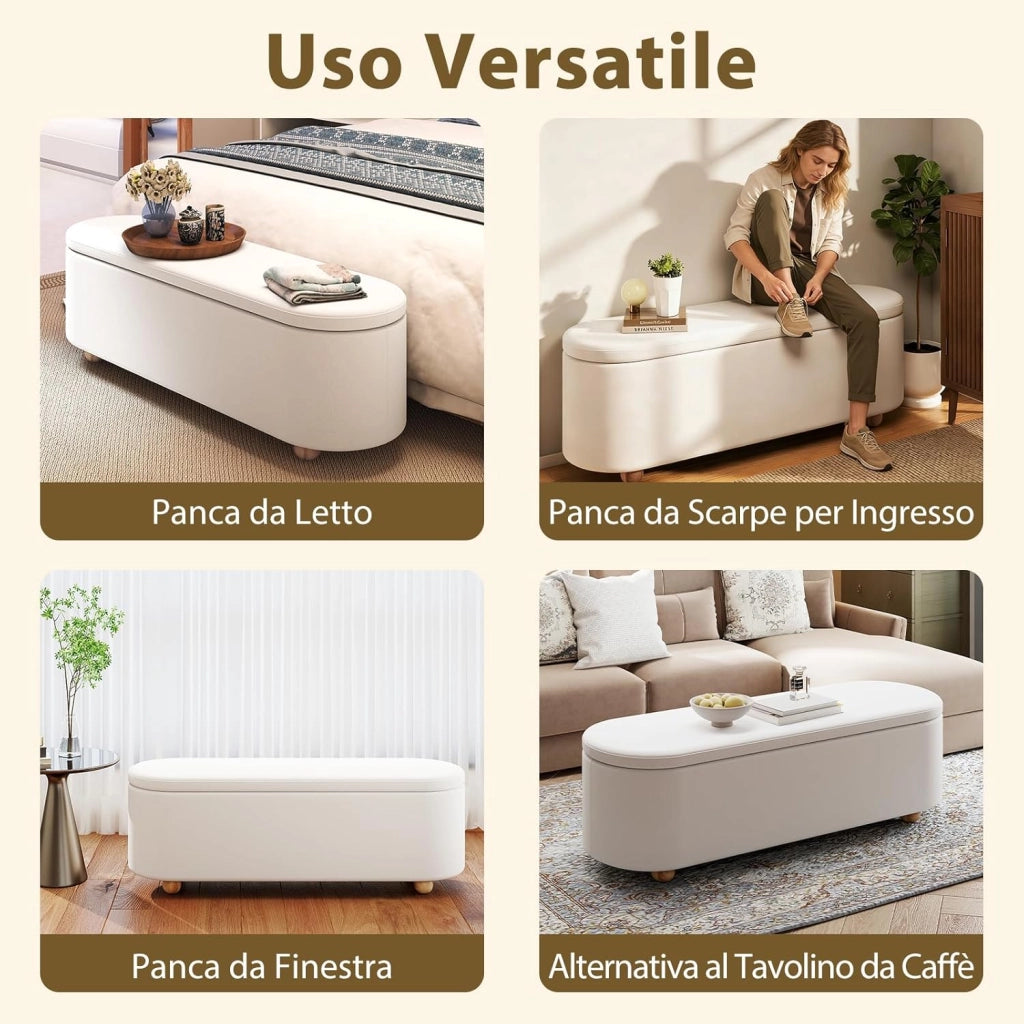 Panca Contenitore, Poggiapiedi Imbottito 139 cm con Coperchio Ribaltabile, Gambe in Legno, Panca Ottomana per Camera da Letto, Soggiorno, Portata 300 kg, Beige