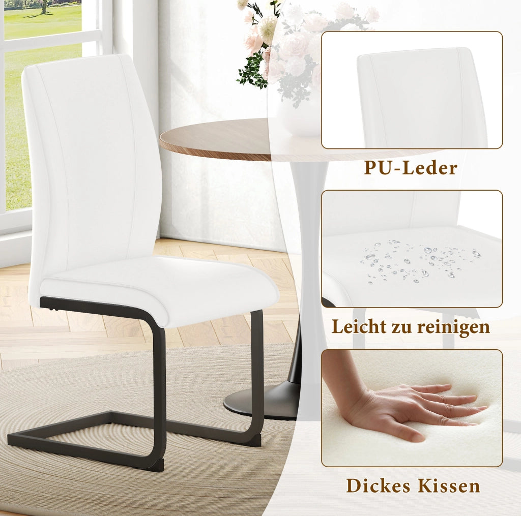 Set di 2 sedie da pranzo in similpelle bianca con gambe in metallo nero; design ergonomico