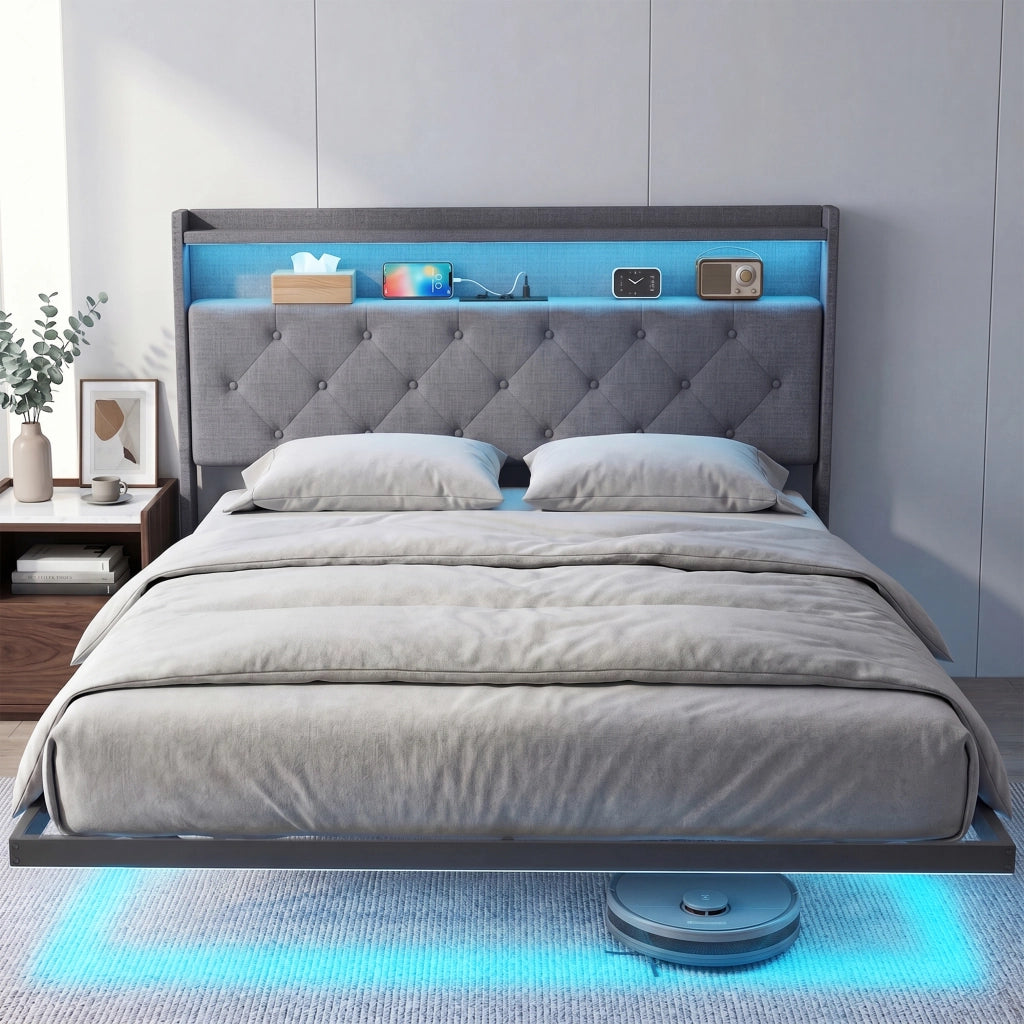 Letto Matrimoniale con Luci LED e Stazione di Ricarica ¨C Zephmum ¨C Grigio 140x190 cm