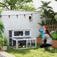 Conigliera a 2 Livelli 122x95x93,5 cm con Vassoio Estraibile  in Legno di Abete e Acciaio Grigio e Bianco