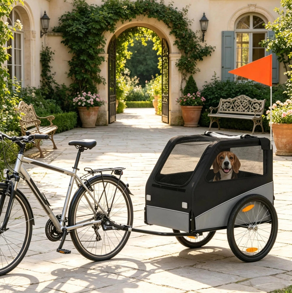 Rimorchio per bici per cane 20" nero e grigio， pieghevole， per cane medio