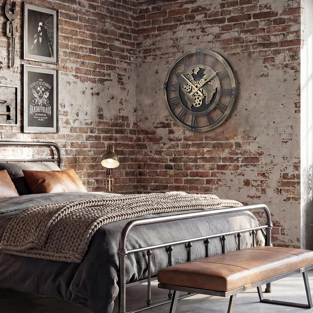 Grande Orologio da Parete 68 cm, Orologio a Ingranaggi con Mappa del Mondo, Orologio in Metallo Decorativo Silenzioso con Ingranaggi Mobili, per Soggiorno Camera da Letto Cucina
