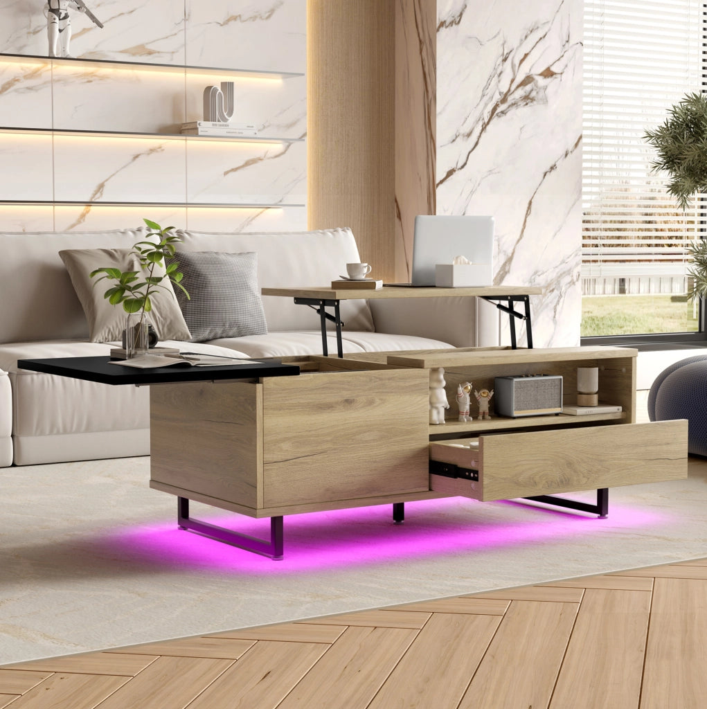 Tavolino da caffè alzabile con LED e vano contenitore