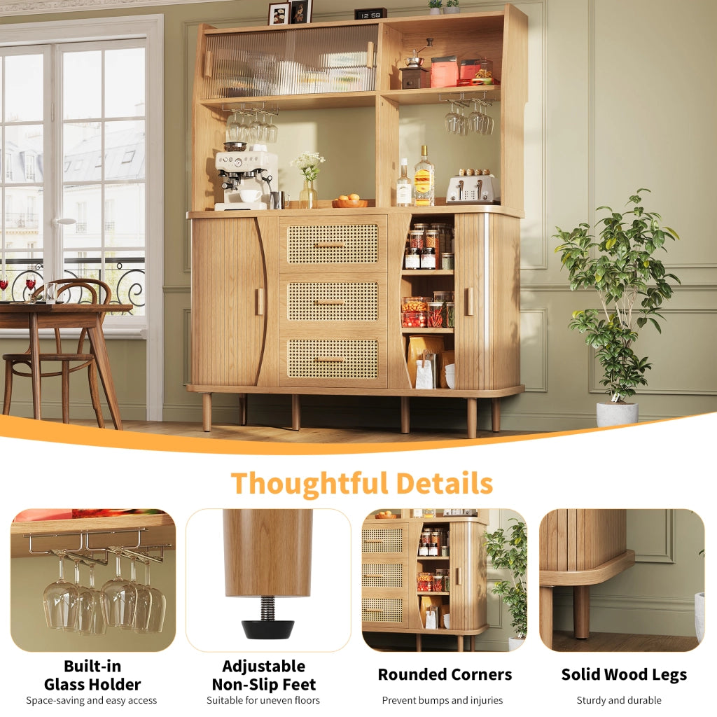 Credenza da cucina con ante scorrevoli in vetro 3 cassetti e vani aperti finitura legno 140 × 40,5 × 174,5 cm