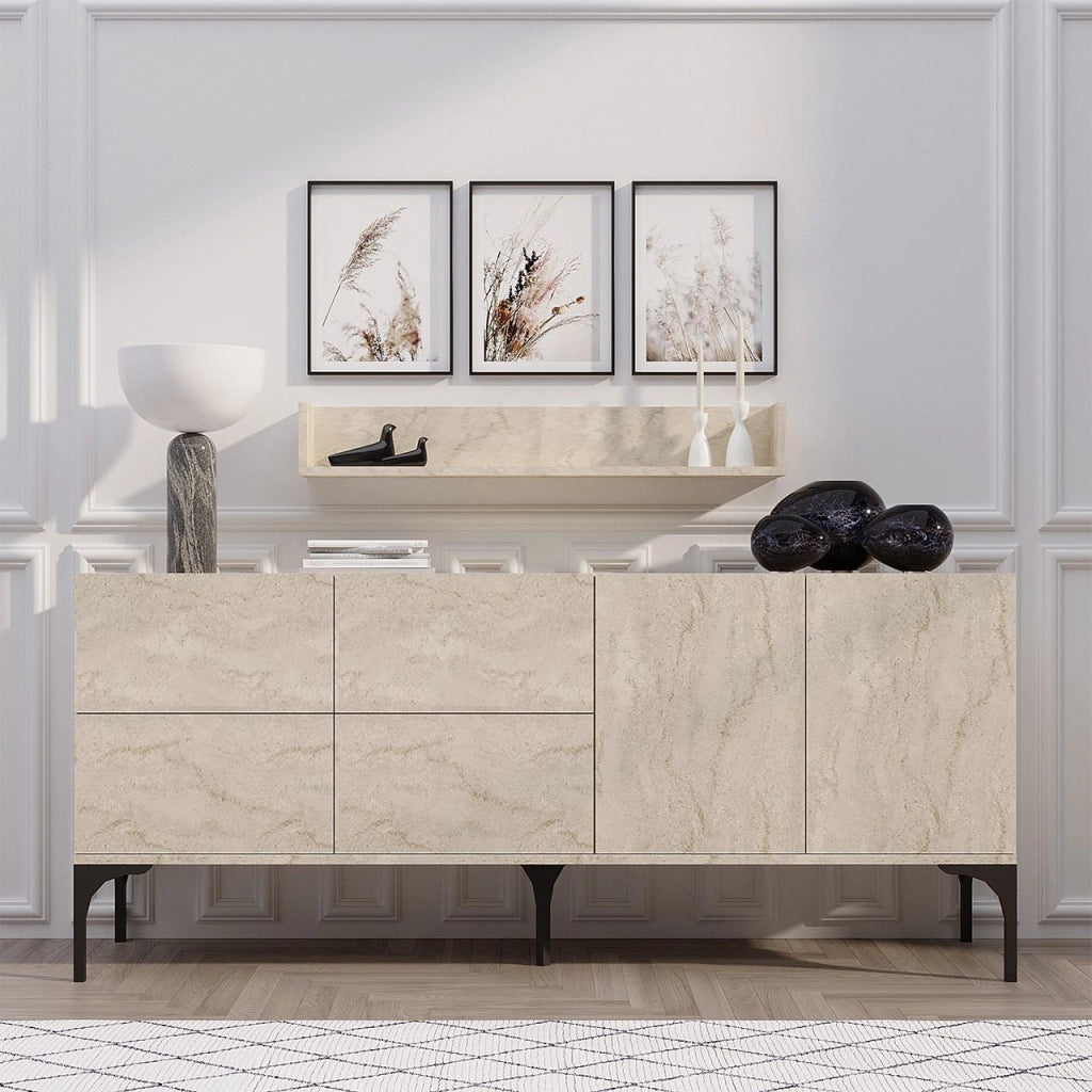 Credenza in legno con mensola a muro "Stella" - 180 x 40 x 55 cm - Travertino