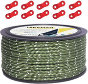 Corda riflettente da 50m, corda per tende esterne, corda guida, corda in nylon 100%, corda da tenda da campeggio con 10 chiavi da tensione in alluminio per tende da campeggio (verde oliva, diametro 5 mm)