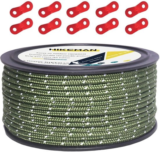 Corda riflettente da 50m, corda per tende esterne, corda guida, corda in nylon 100%, corda da tenda da campeggio con 10 chiavi da tensione in alluminio per tende da campeggio (verde oliva, diametro 5 mm)