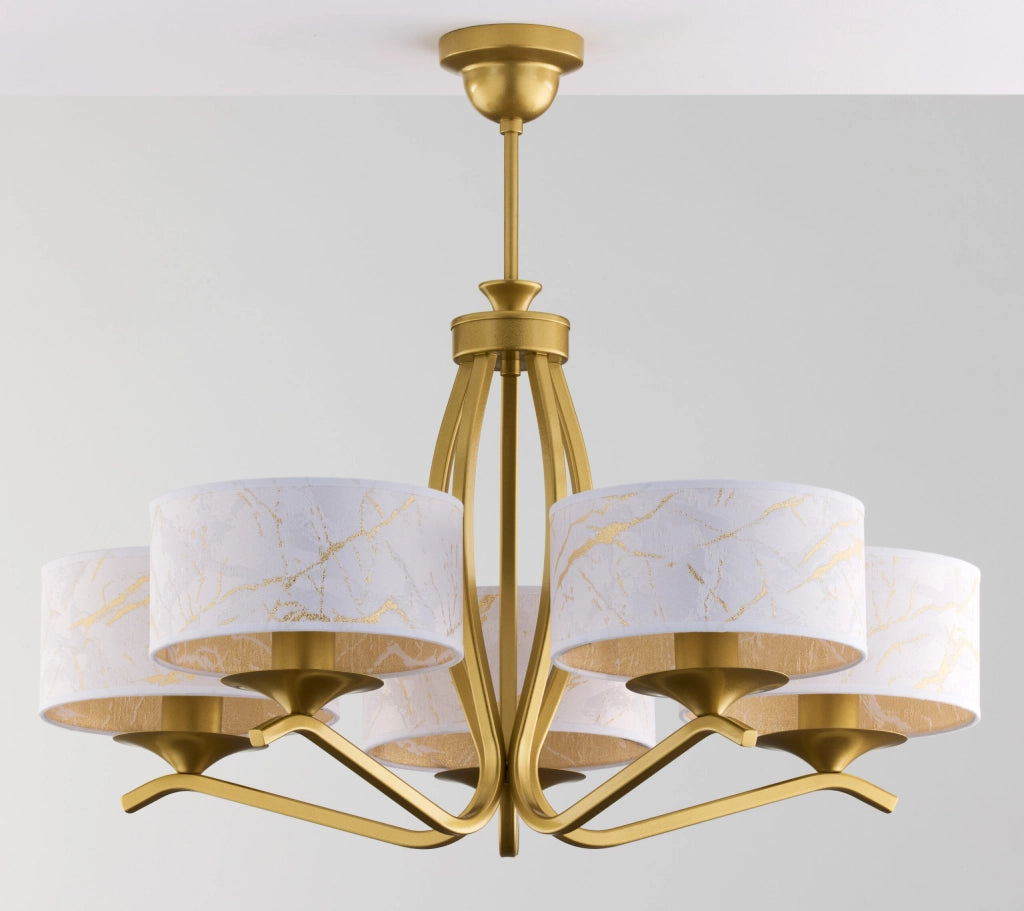 Lampadario Jupiter Kaszmir 5 luci oro con paralumi bianchi