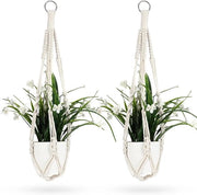 Impianti di Sospensione Macramè per Fiori Set di 2 - Corda di Cotone 50 cm Pendenti per Fiori con Anelli in Metallo e Sospensione per Decorazione di Casa in Disegno a Nastro a Mano Bianco