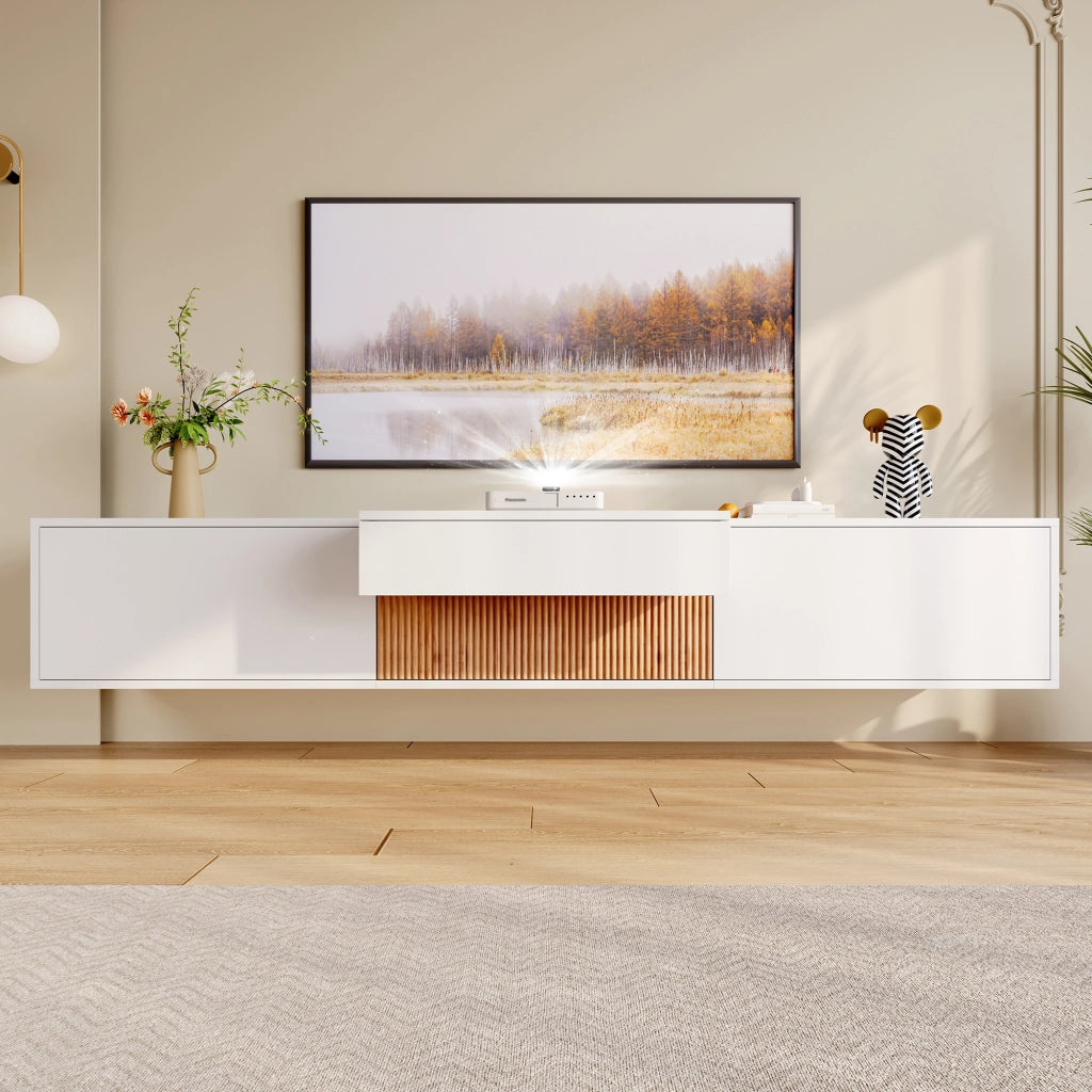 Mobile tv moderno 180 cm bianco con supporto proiettore; installazione sospesa o a terra