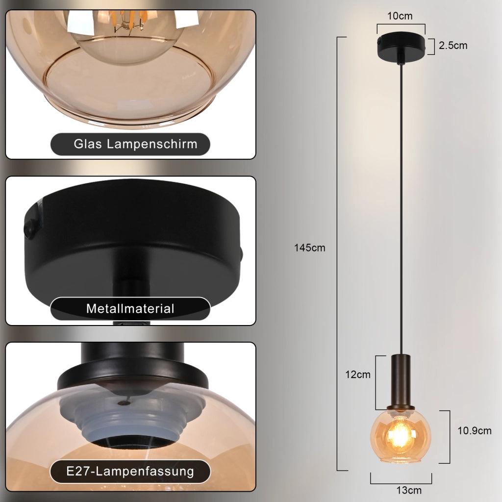 ZMH Lampada a Sospensione 1 Luce Vetro Vintage Altezza Regolabile E27 per Sala da Pranzo Camera da Letto Senza Lampadina