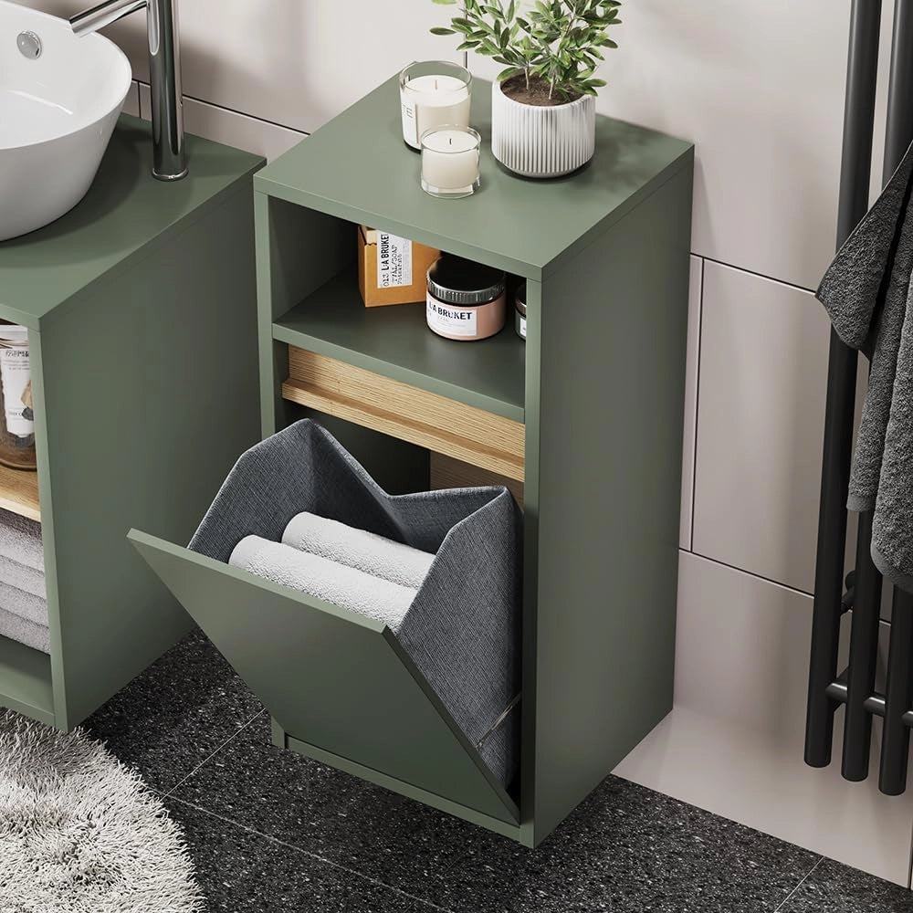 Mobiletto da bagno Viola, Verde/Artigianale, 38 x 80 cm con cesto portabiancheria