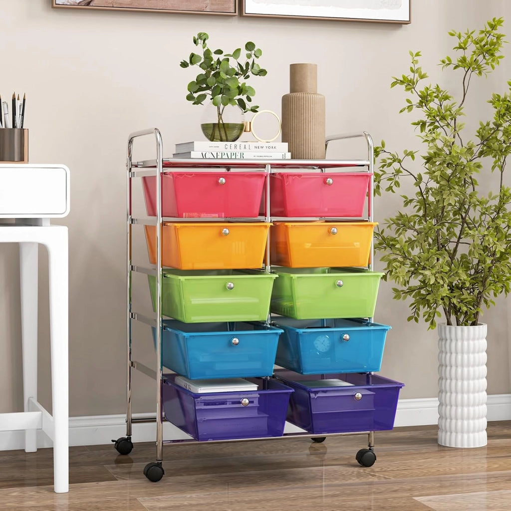 Carrello a 10 Cassetti con Ruote, di Stoccaggio con Stabilità Elevata, Multiuso per Casa Ufficio e Scuola, 65,5 x 37 x 87 cm(Arcobaleno)