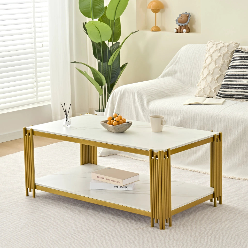 TAVOLINO DA SALOTTO Rettangolare H46/B1140/T64 cm in MDF e metallo, Oro/Bianco
