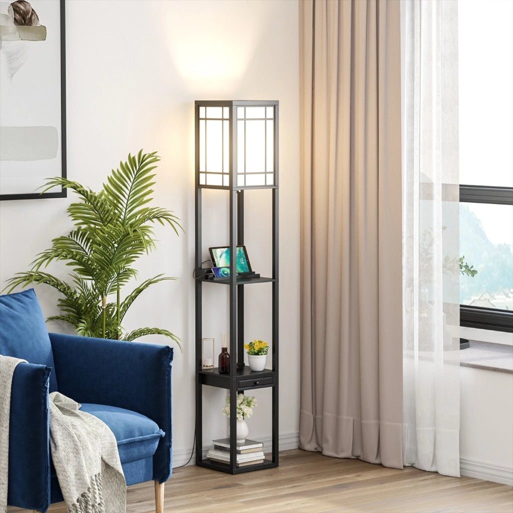 Lampada a stelo con ripiani e cassetto, Lampada a piantana moderna con 2 porte USB Nera