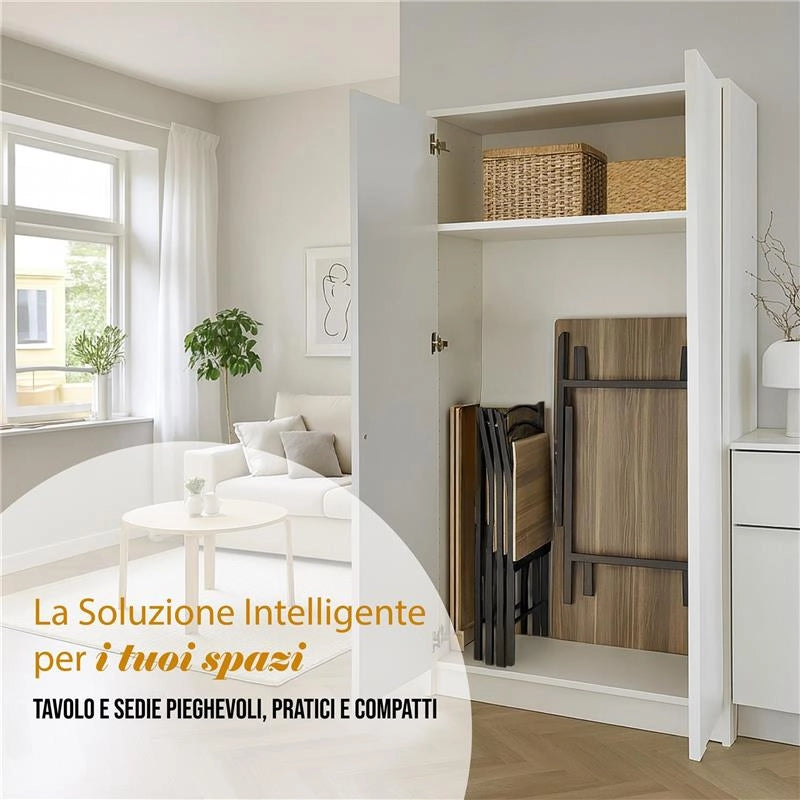 SET ZOY CON TAVOLO E 4 SEDIE PIEGHEVOLI COLORE NERO E ROVERE, STRUTTURA IN METALLO E SEDUTA IN LEGNO