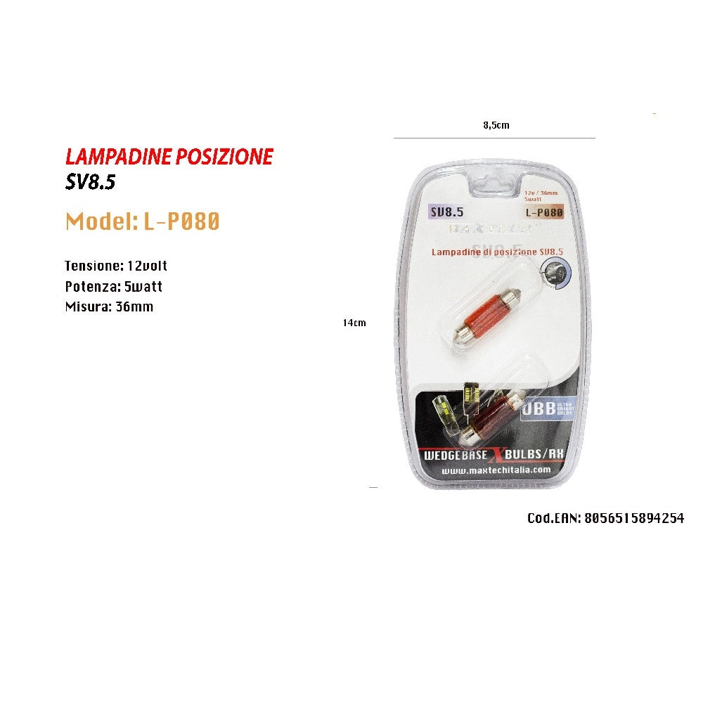 Trade Shop - Lampadine Di Posizione Sv8.5 12v / 36mm 5w Lampadine Ultra Luminose Maxtech L-p080r -