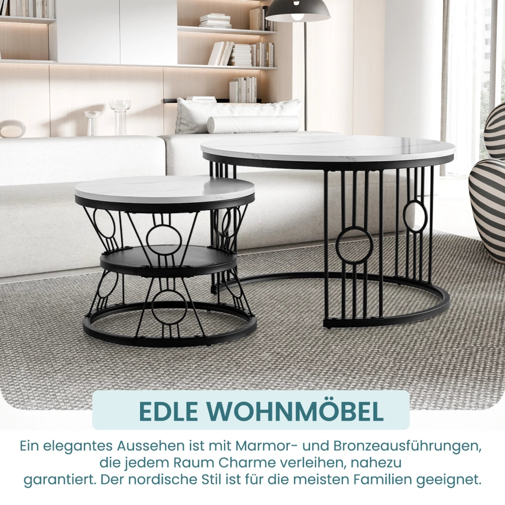 TAVOLINO DA CAFFÈ Set 2 Pezzi 70x70x45 cm MDF Bianco con Struttura Nera