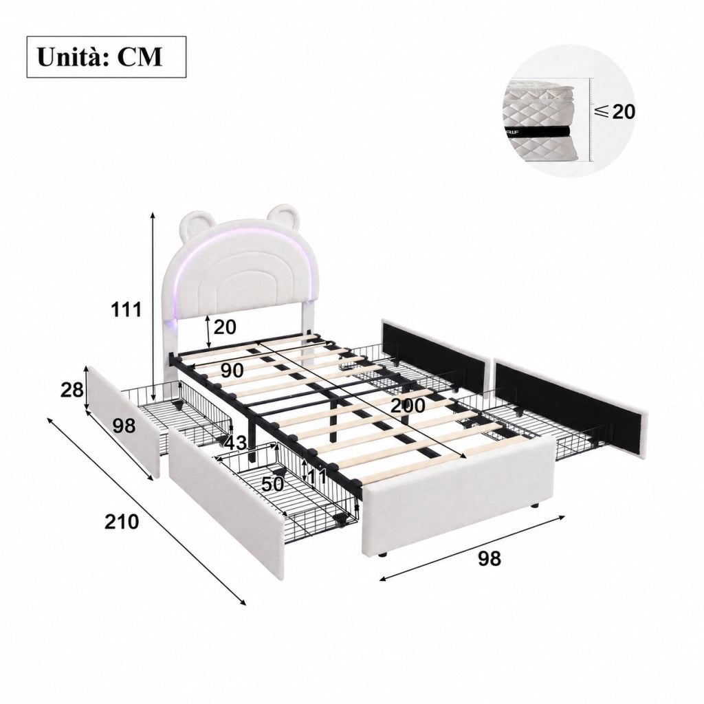 Letto imbottito beige 90x200 cm con testiera a orsetto; quattro cassetti e LED
