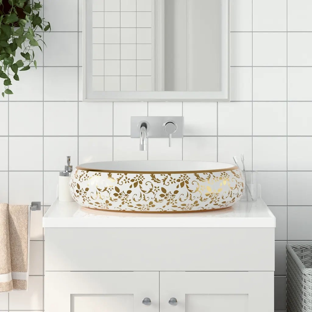 Lavabo da Appoggio Bianco e Oro Ovale 59x40x15 cm Ceramica CFW9438807