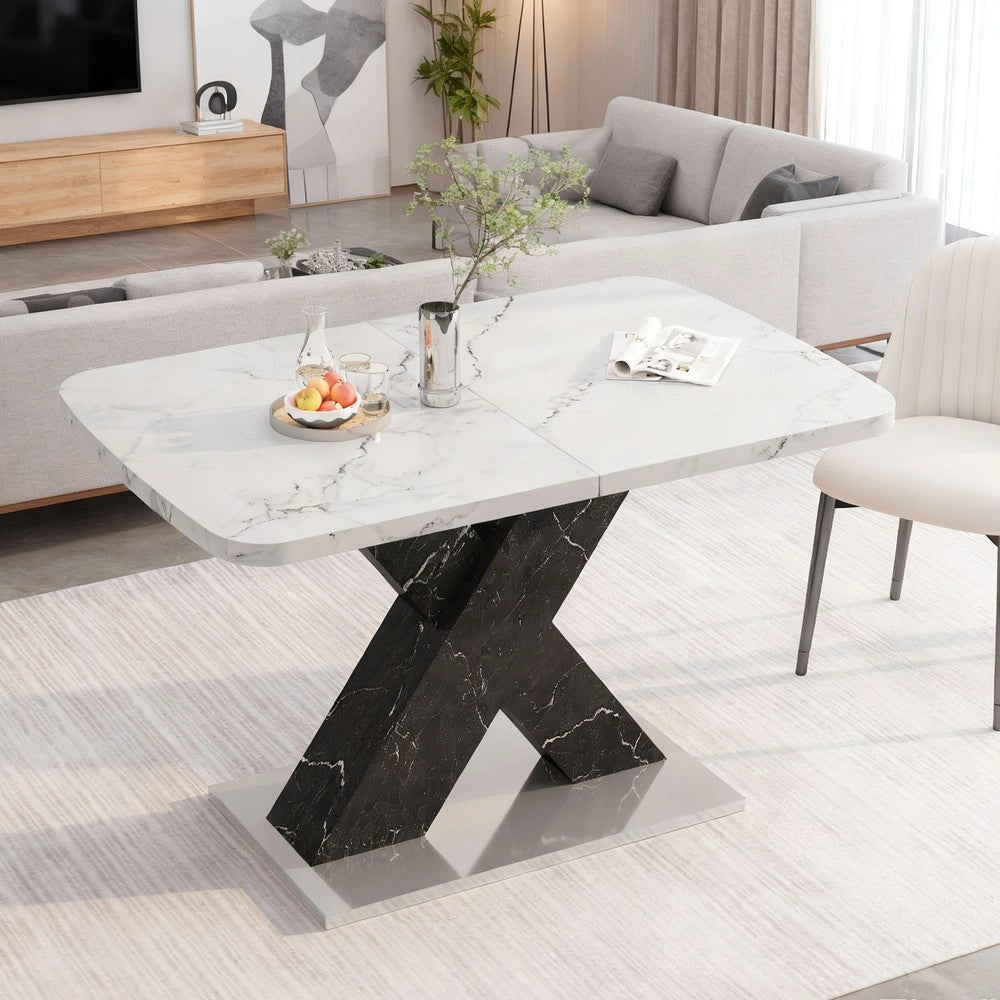 Tavolo da Pranzo Allungabile ¨C MINIMAL ¨C Piano Effetto Marmo Bianco, Gambe Nere in Metallo, 120-160 cm