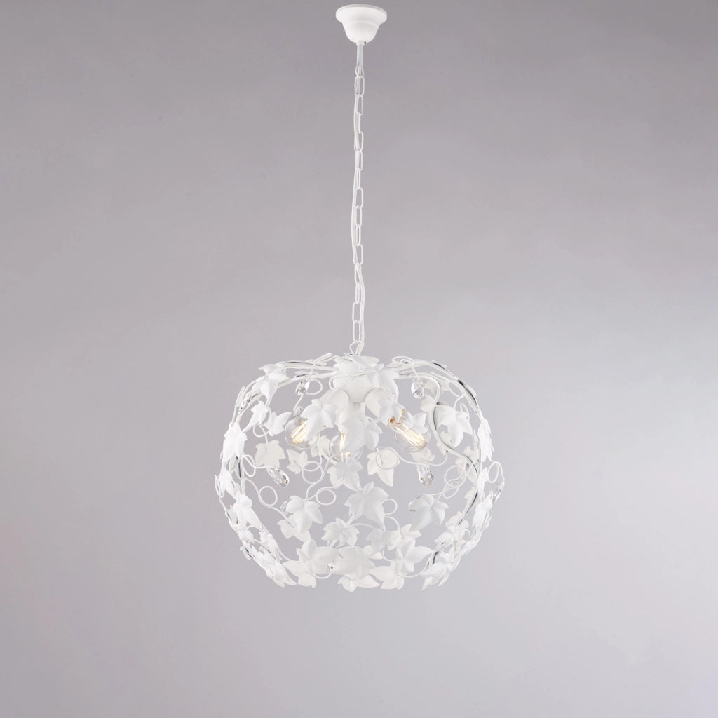 Lampadario Shabby Edera 3 Luci Ferro Battuto Bianco Con Foglie E Cristalli