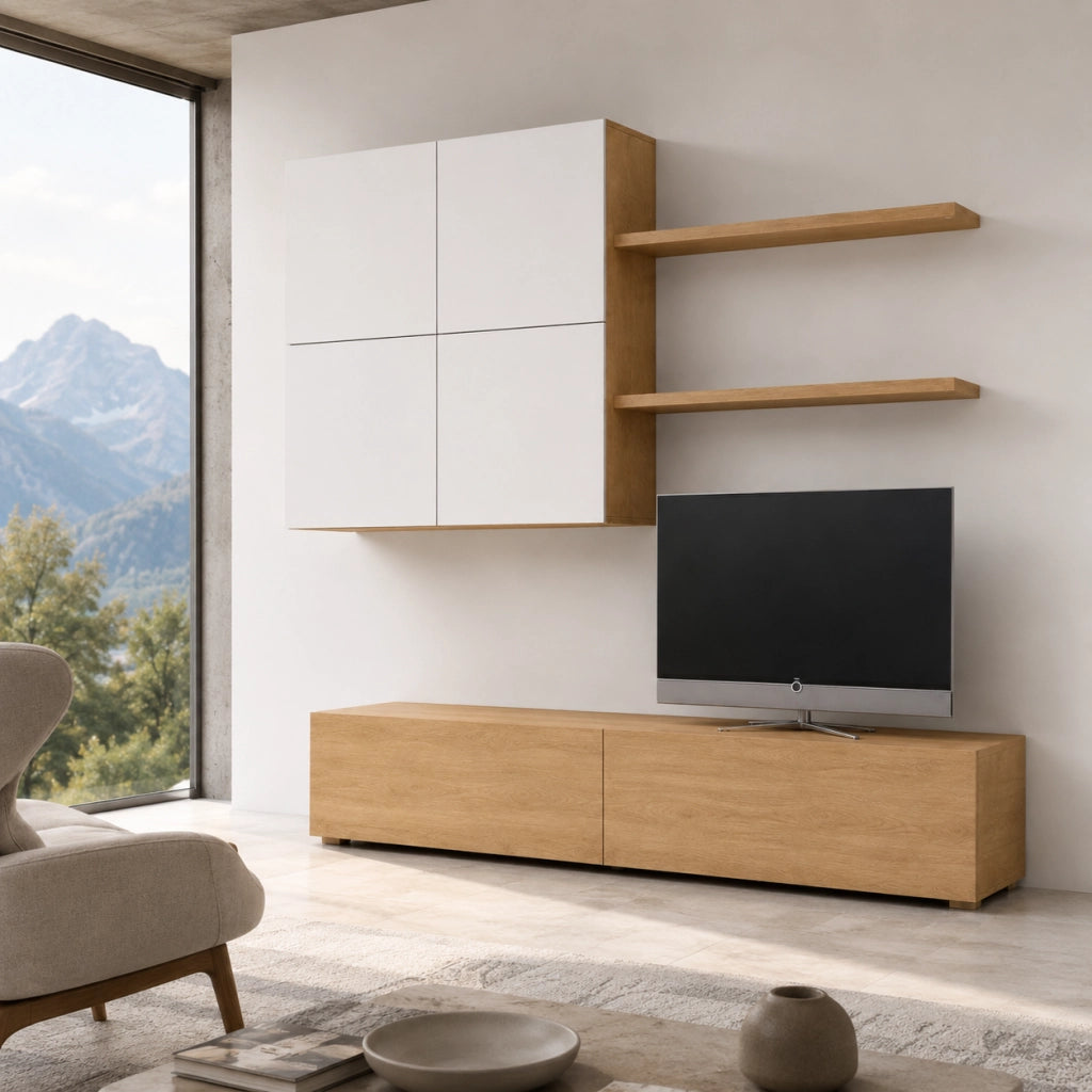 Parete Attrezzata Mobile Soggiorno Moderno Con Base TV 2 Ante Pensile 4 Ante e 2 Mensole Design Contemporaneo in Melaminico Facile da Pulire 200 x 194 x 40 cm Bianco e Rovere
