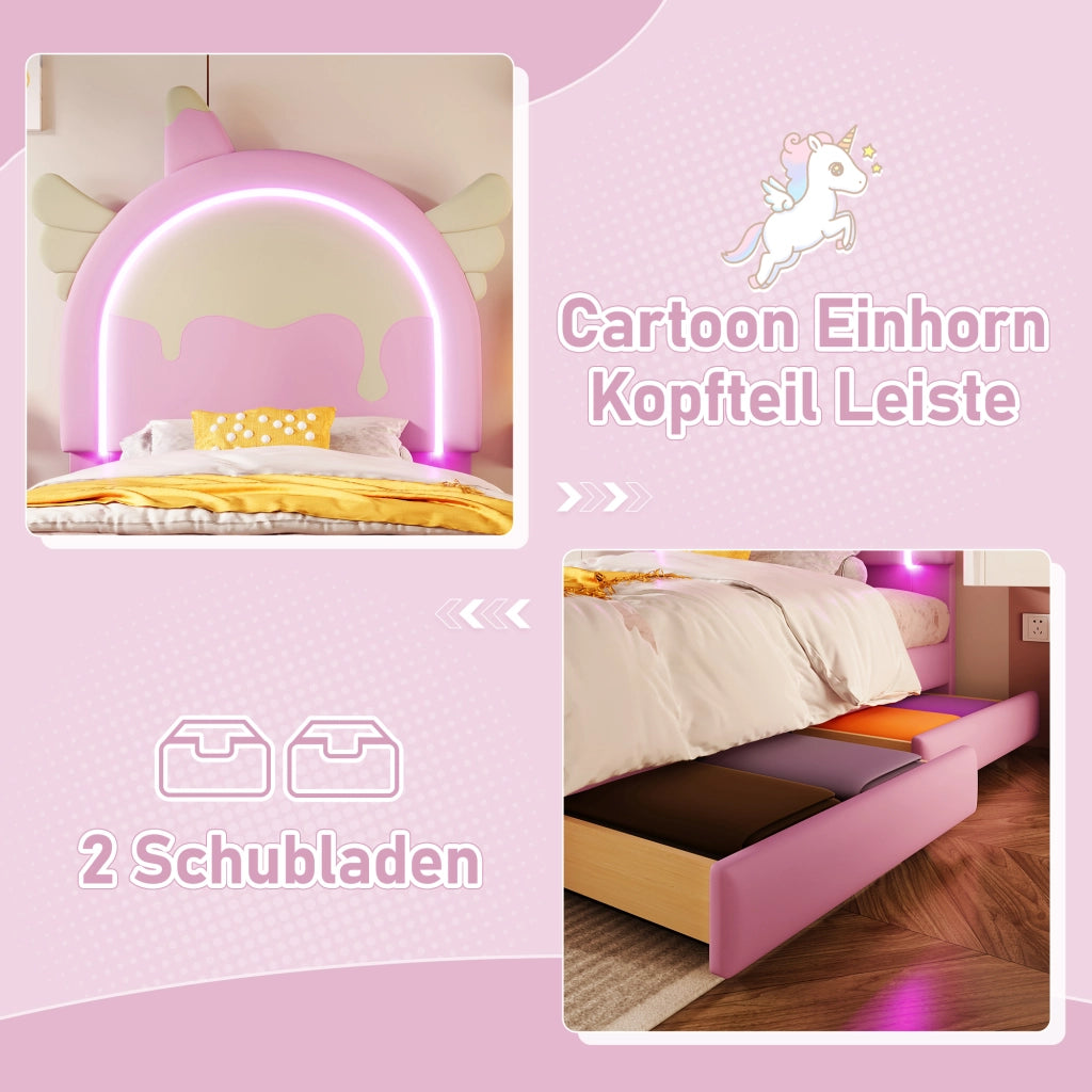 Letto Singolo per Bambini 90 x 200 cm con 2 Cassetti e Barra Luminosa; Forma Unicorno; senza Materasso; PU; Rosa