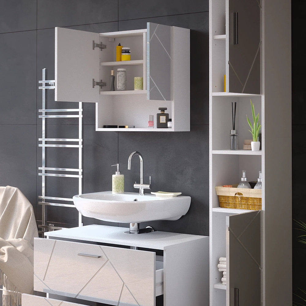 Vicco Set mobili bagno Bianco lucido 3 parti, con cassettiera e colonna