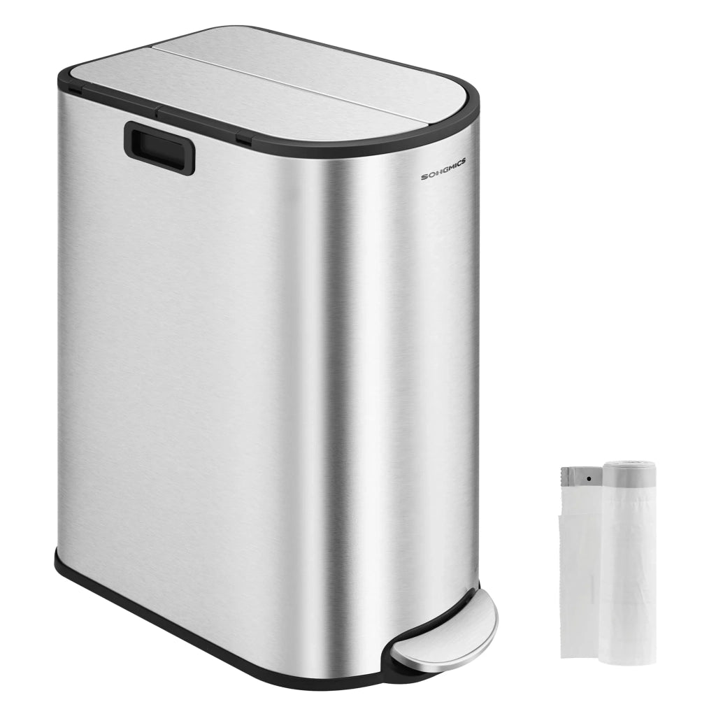 Pattumiera doppia da cucina 30 litri e 20 litri design sottile 2 scomparti per la raccolta differenziata e il riciclaggio dei rifiuti con pedale e coperchi grigi 12_0007209