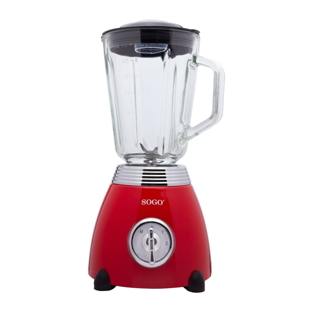 SOGO Frullatore in Vetro 1,5L – Design Retrò, Acciaio Inox, 6 Lame, 2 Velocità, Funzione Ghiaccio, Rosso Metallizzato