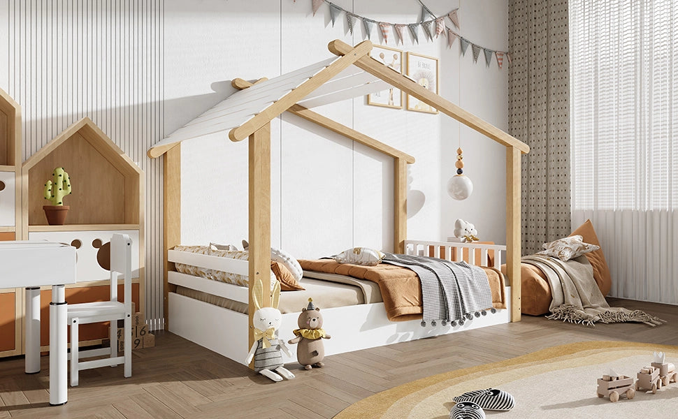 Letto singolo per bambini a forma di casetta; doghe incluse; legno di pino e MDF; bianco e naturale; 90x200 cm