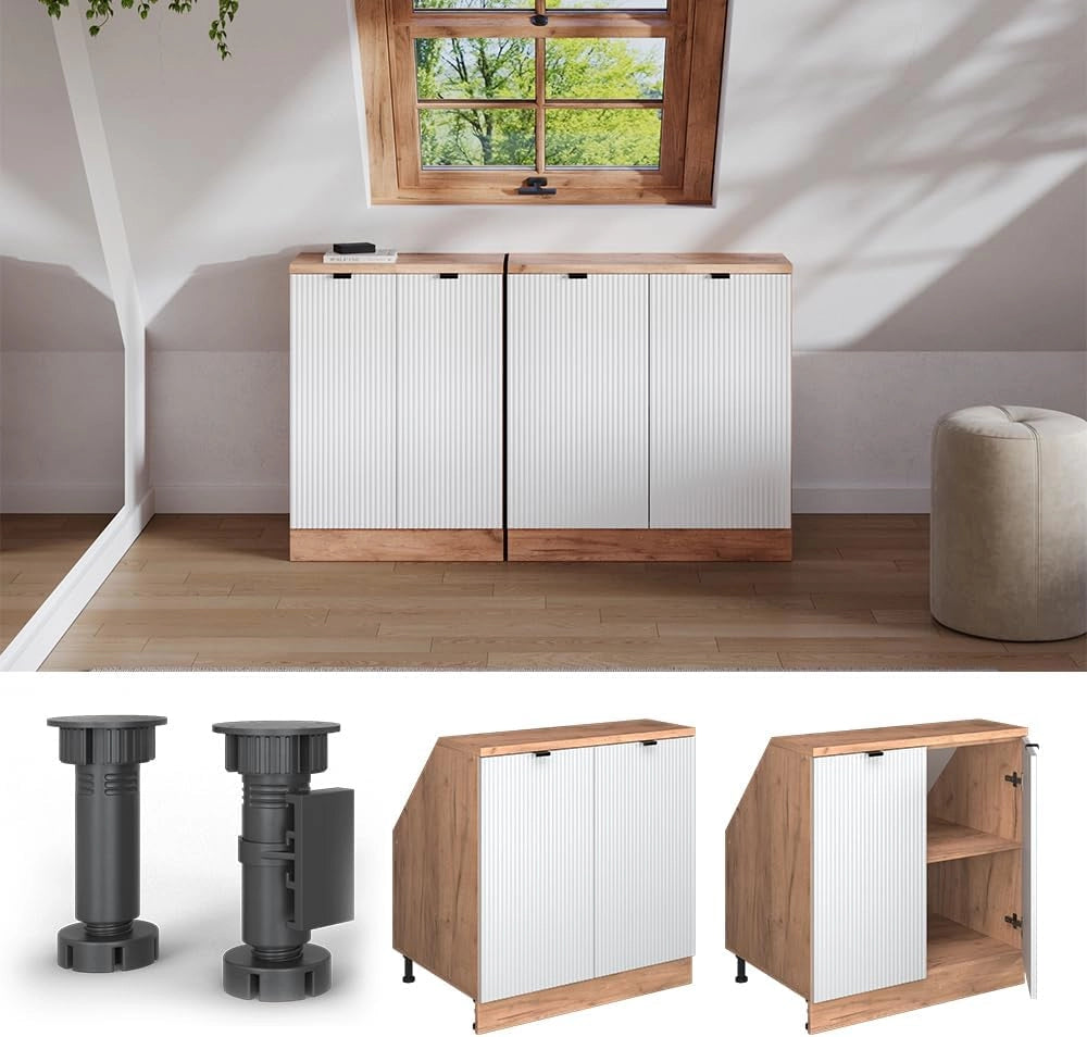 Mobile sottotetto Rion, Ondulazione bianca, 80 x 81.6 cm con 2 porte, carcassa 60 cm profondità, adatto per il salvaspazio sotto tetti spioventi