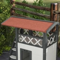 Casetta per Gatti da Esterno con Terrazza e Scaletta in Legno, 77x50x73cm, Bianco e Grigio