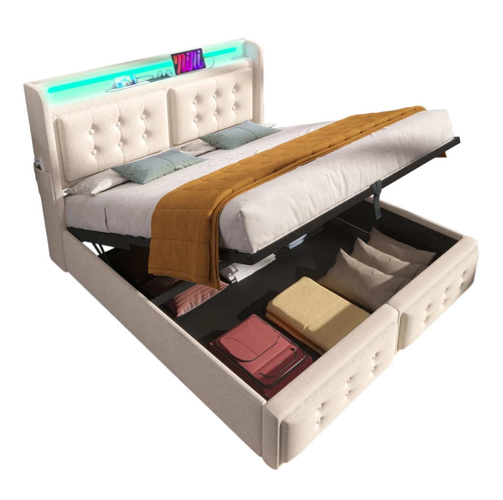 Letto matrimoniale 180x200 cm con contenitore; LED e porte USB; in tessuto beige
