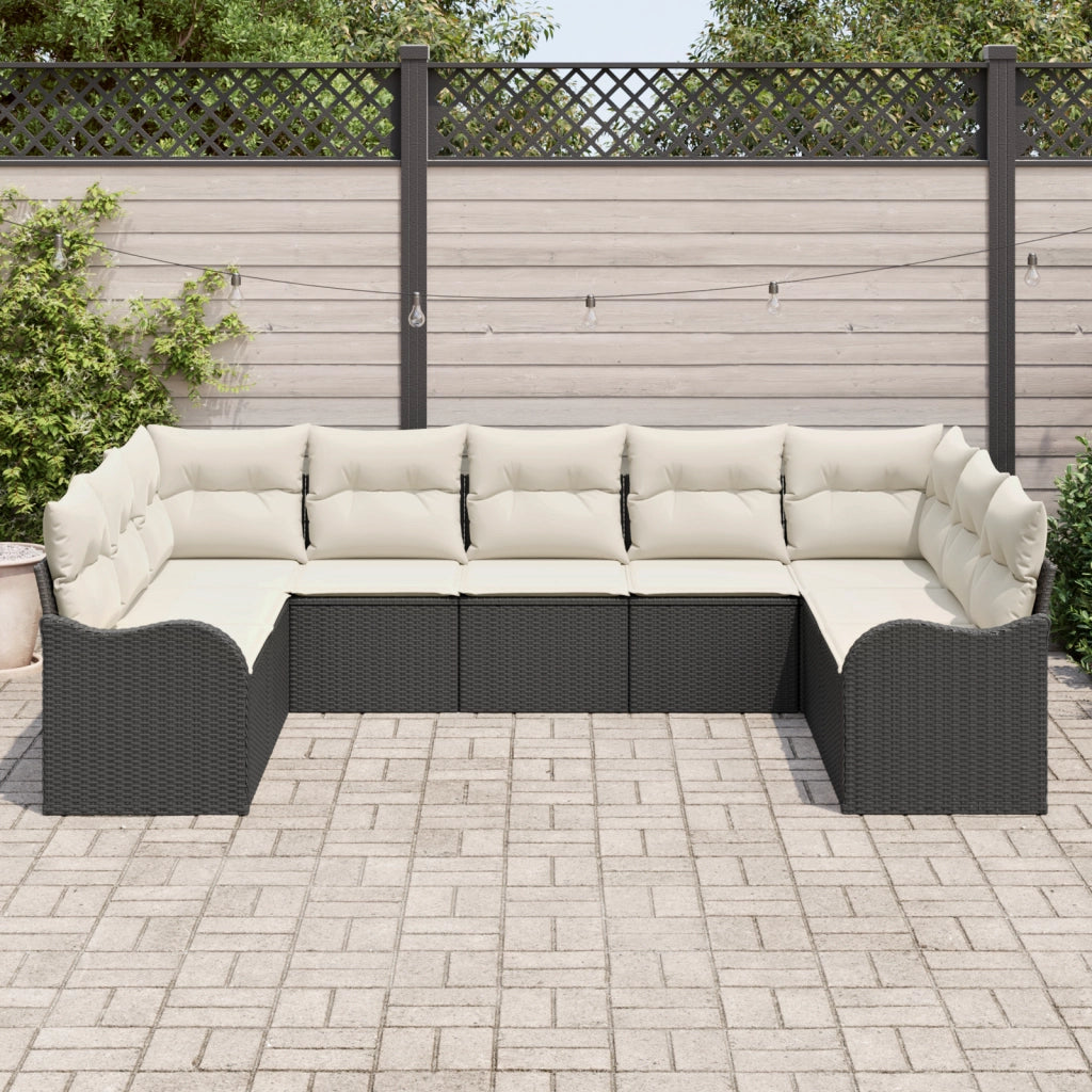 Set divano da giardino 9 pezzi con cuscini Nero Polirattan